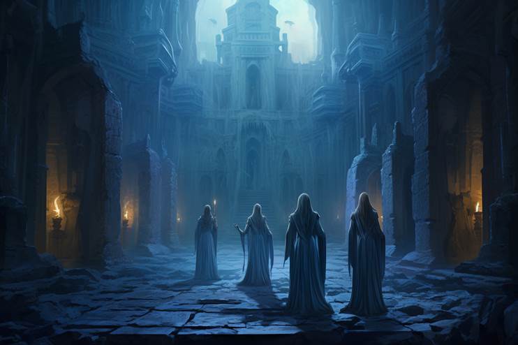 Ancient temple courtyard. a group of female teenage acolytes wearing blue robes walking between huge ancient pillars. old temple with ancient statues and crumbling towers backround. gloaming lighting. hyper realistic and highly detailed style. --ar 3:2 --v 5.2 Job ID: 9f09481b-4568-47b7-9675-43717e5d34f8