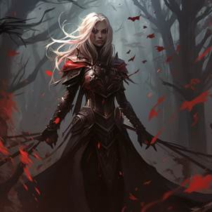 priestess of the cruel wasp spirit, raising her hand and casting a volley of poisonous sting bolts. she has long blond hair and pale skins, glwoing with sickly aura. she is wearing a black chain armor and blood-stained cloak. Ancient forest with wild hives in the background. red fiery harsh lighting. hyper realistic and highly detailed style.