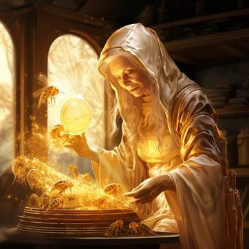 a side view of a kind old priestess of the bee spirit polishing a glowing wax shield. she holds a hammer in one hands and wearing pale golden robes. the interior of a workshop with many jars of honey and flying bees background. golden virulant lighting. hyper realsitic and highly detailed style